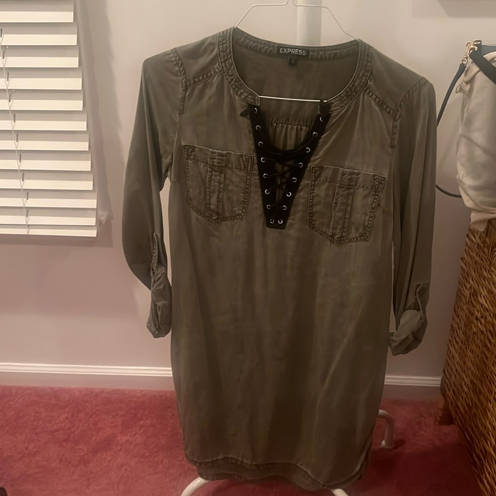 Olive green, v neck dress with roll up sleeves